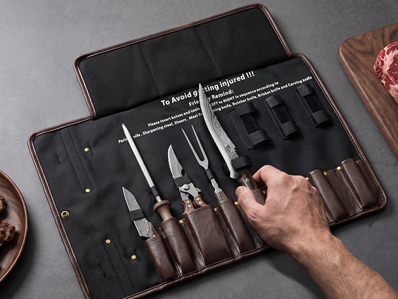 SYOKAMI 9-piece Butcher Knife Set with Leather Roll: Pack each tool in its place.