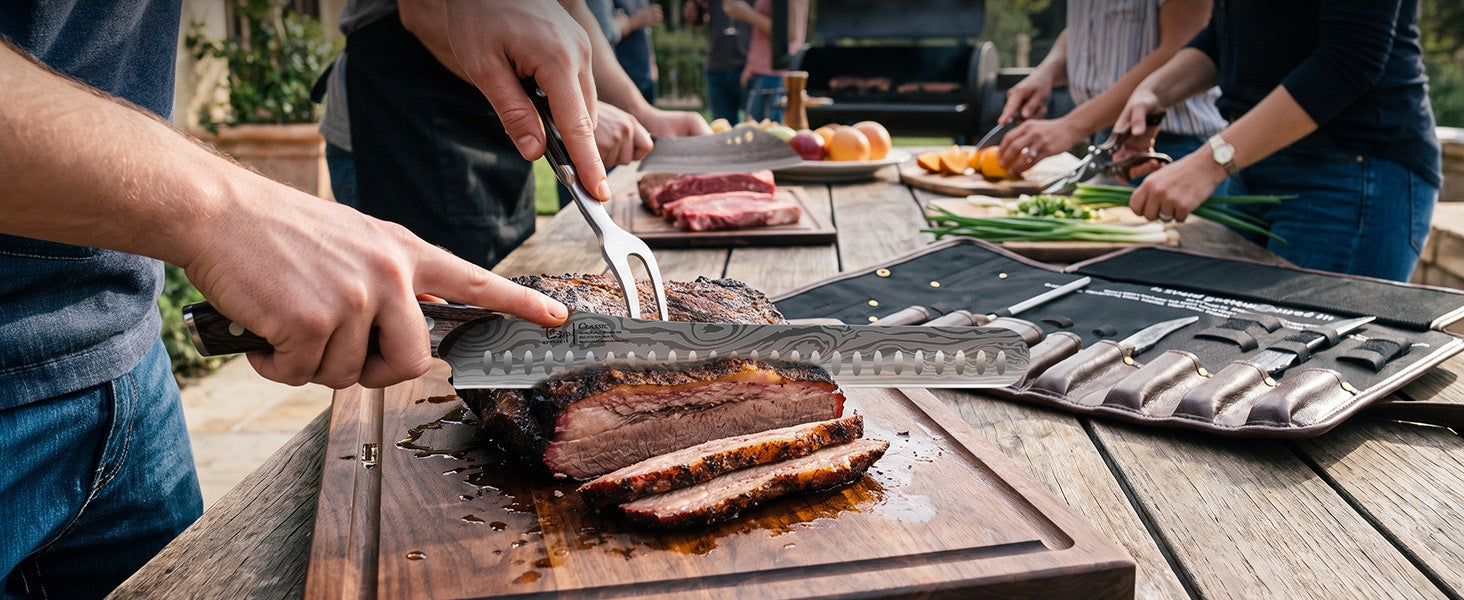 SYOKAMI 9-piece Butcher Knife Set with Leather Roll: Slice and serve at the barbecue.