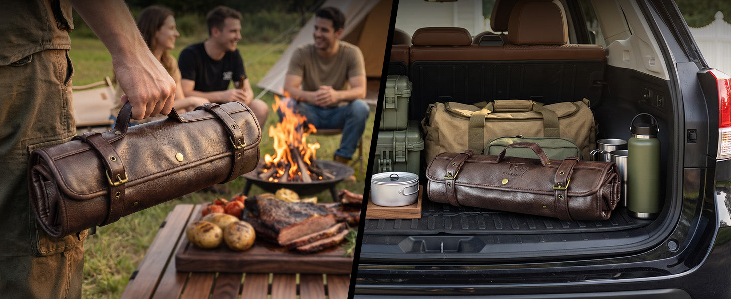 SYOKAMI 9-piece Butcher Knife Set with Leather Roll: Take your own tools to camp.