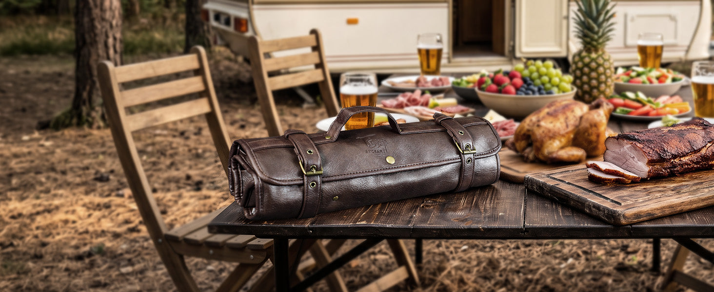 SYOKAMI 9-piece Butcher Knife Set with Leather Roll: Make room at the outdoor table.