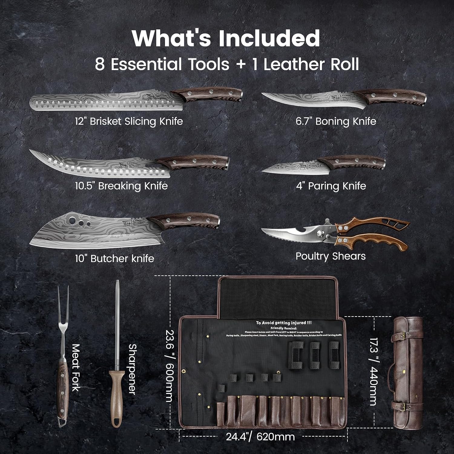 SYOKAMI 9-piece Butcher Knife Set with Leather Roll: all eight included tools and the open and rolled storage dimensions
