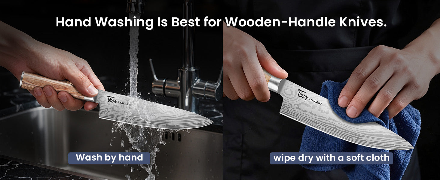 SYOKAMI 7-piece Rubberwood Foldable Knife Block Set: Wash by hand. Dry promptly.