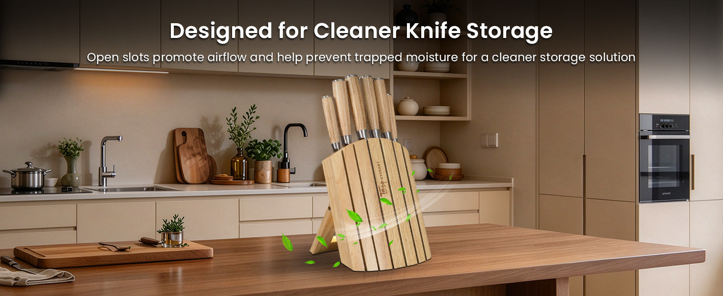SYOKAMI 7-piece Rubberwood Foldable Knife Block Set: See the slots. Reach the surfaces.