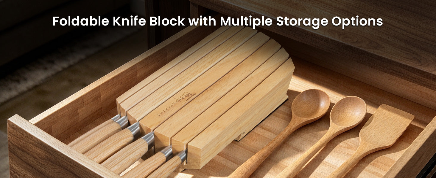 SYOKAMI 7-piece Rubberwood Foldable Knife Block Set: A place beyond the countertop.