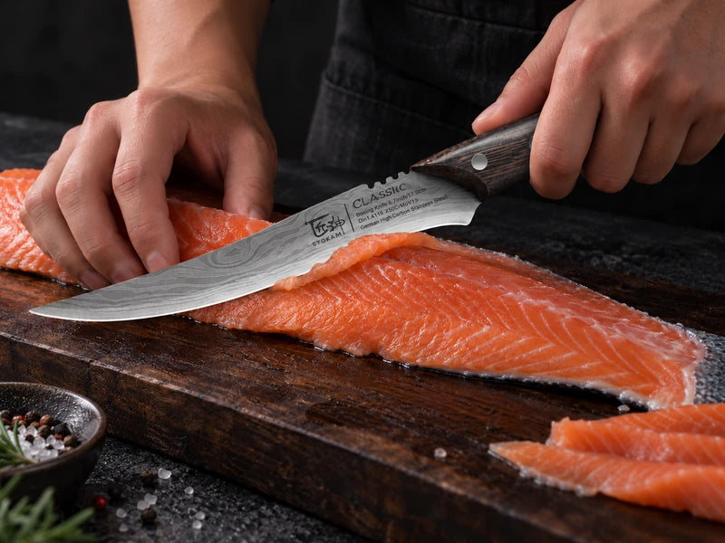 Adult trimming a salmon fillet with the curved pointed boning knife on a dark wooden board over black stone