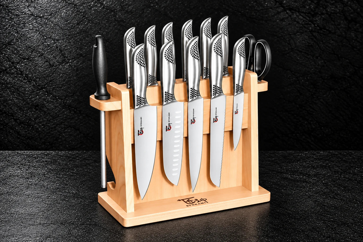 Modern steel knives on their open magnetic wood block
