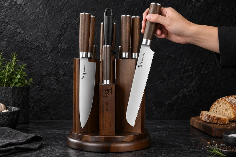 An adult lifts the original rounded-serrated bread knife by its smooth wooden handle from one kitchen face of the rotating magnetic holder