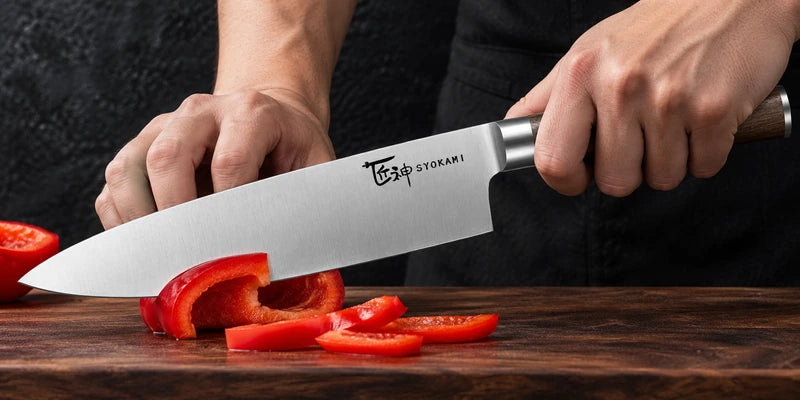 The original plain brushed-steel chef knife with complete physical brand mark cuts red pepper on a stable walnut board with controlled adult hands