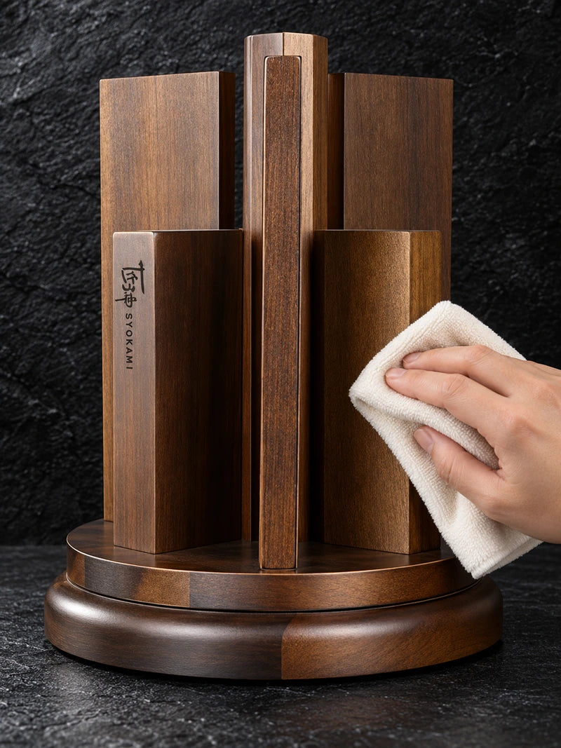 A soft ivory cloth wipes one exposed wood face of the empty rotating holder on textured black stone with the full circular base visible