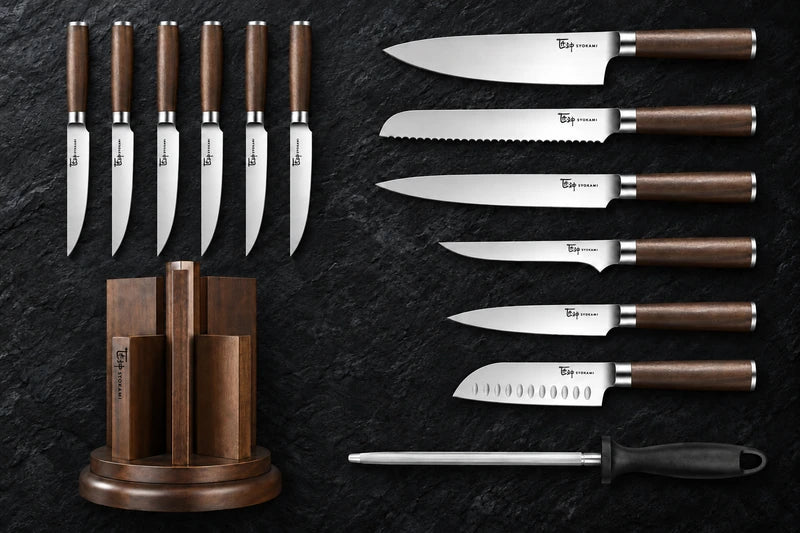 Exactly fourteen original components on black stone: six matching steak knives six different kitchen knives one black-handled honing steel and one empty circular rotating holder