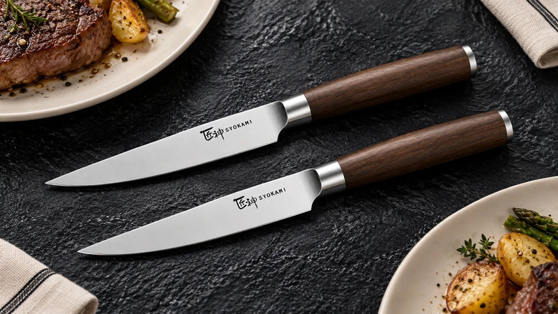 Two of the six original plain-edge steak knives with rivet-free brown wooden handles and complete physical blade marks between peripheral ivory dinner settings