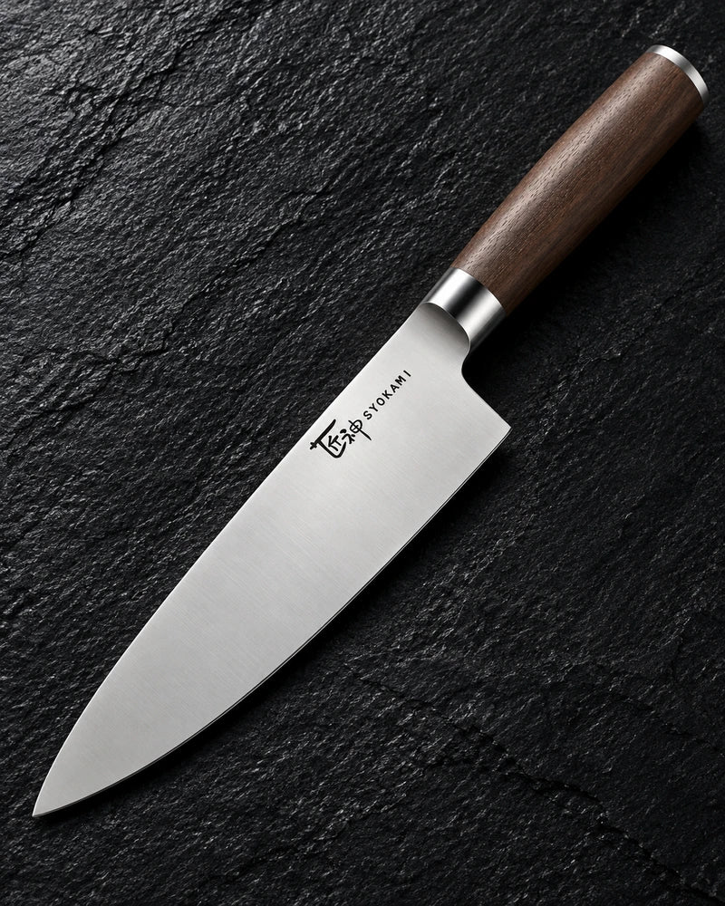 One whole original chef knife diagonally on black stone showing its smooth rivet-free wooden grip silver collar and end cap and complete physical blade brand