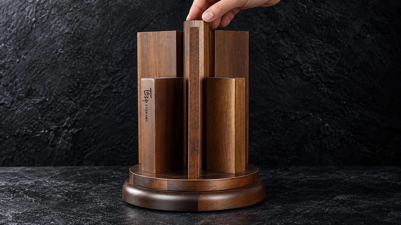 Adult fingertips touch the upper post of the empty cross-panel rotating wood holder with its stepped circular base and complete front physical brand visible