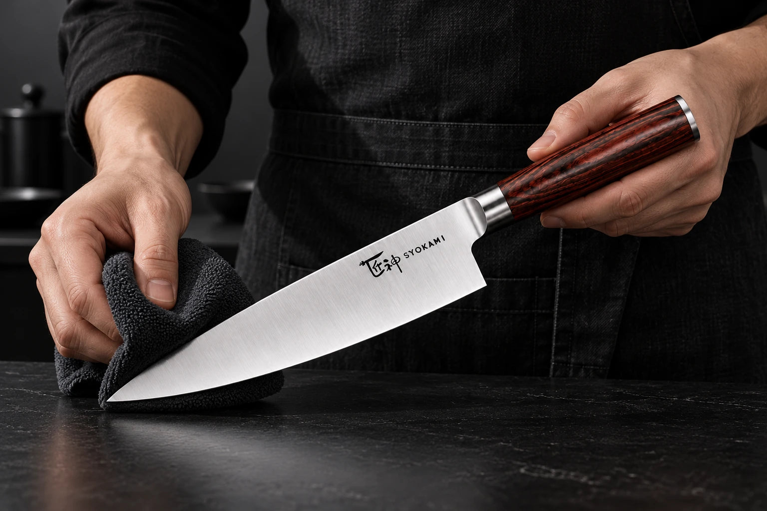 Gently drying a SYOKAMI chef knife with a soft cloth